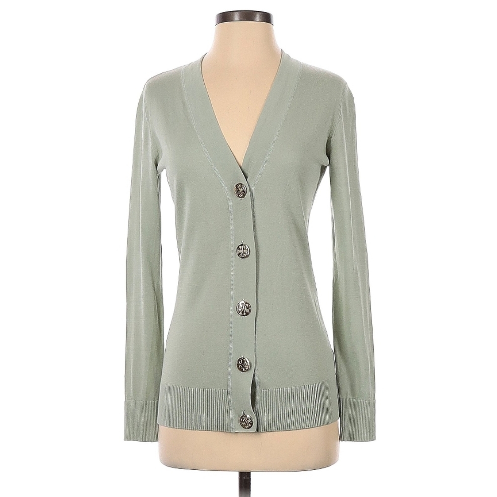 Tory Burch Simone Cardigan Sweater Green Ribbed Logo Gold Button Front Cotton